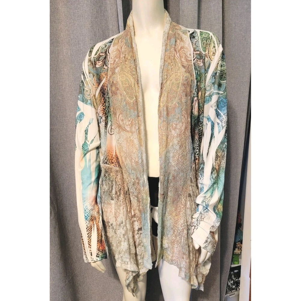 Whimsy Fairy COVER CHARGE Open Waterfall Front Pastel‎ Ombre Lace Cardigan SZ 1X - Picture 2 of 13